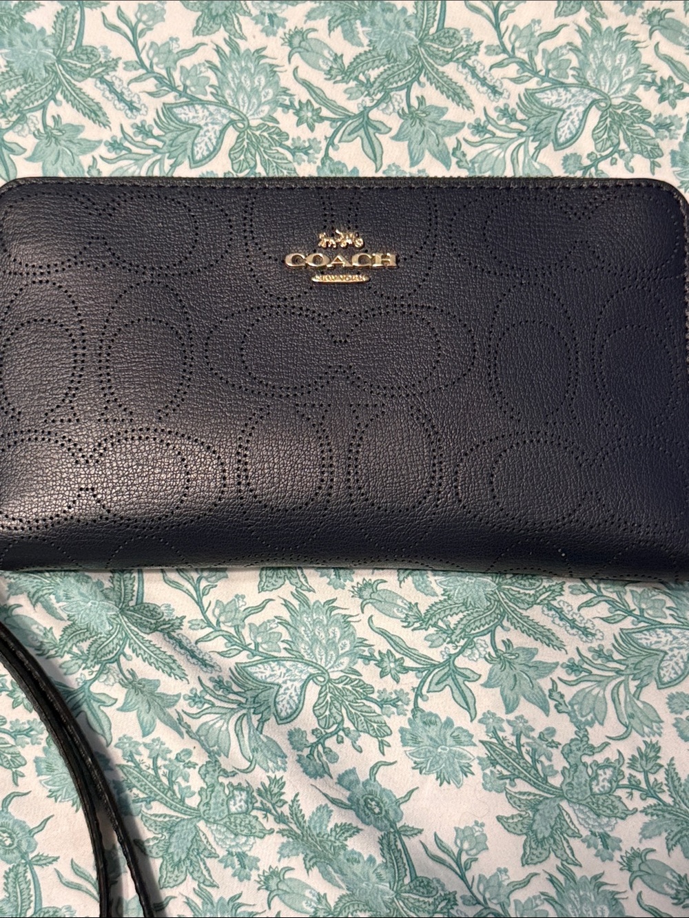 Coach Navy Blue Perforated Signature Leather Wallet with Gold Logo